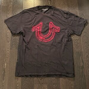 True Religion Black Short Sleeve Tee with Red Horseshoe Logo